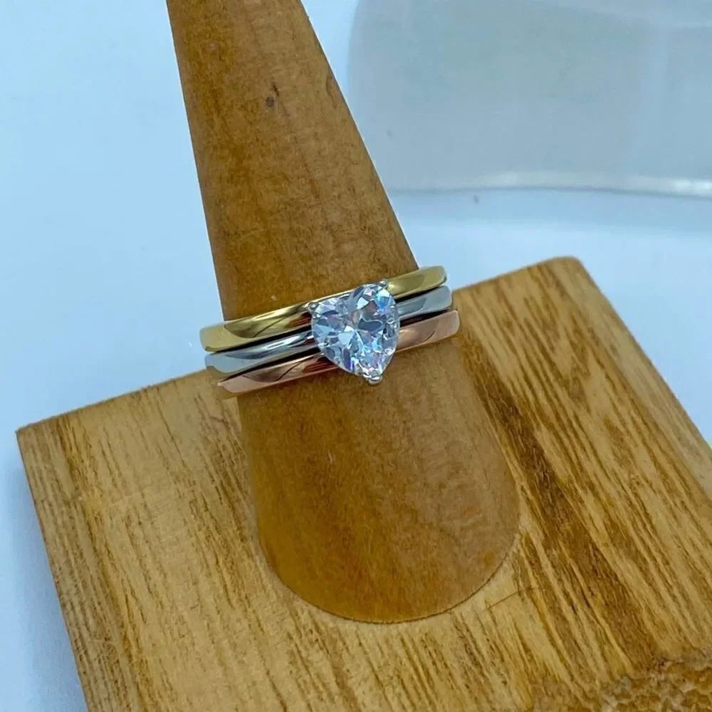 Heart CZ Stainless Steel Triple Band Ring